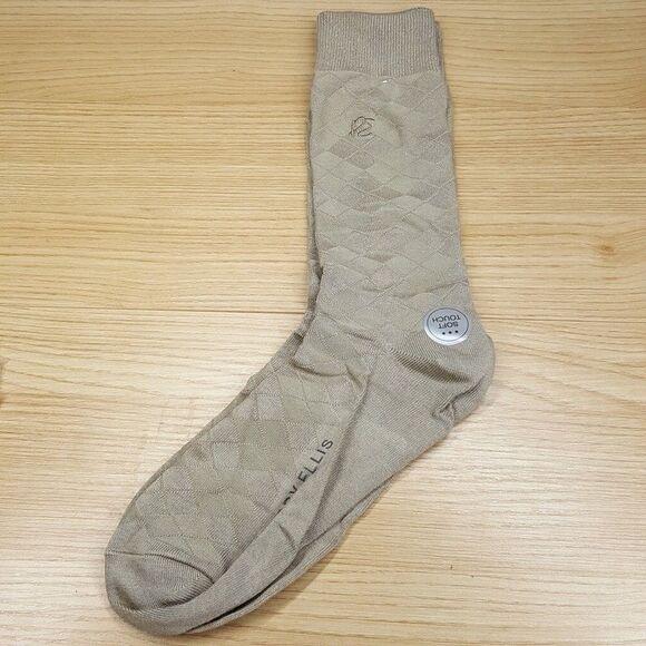 PERRY ELLIS Mens Crew Dress Socks Solid Tan Diamond Print Soft Touch - Picture 1 of 3